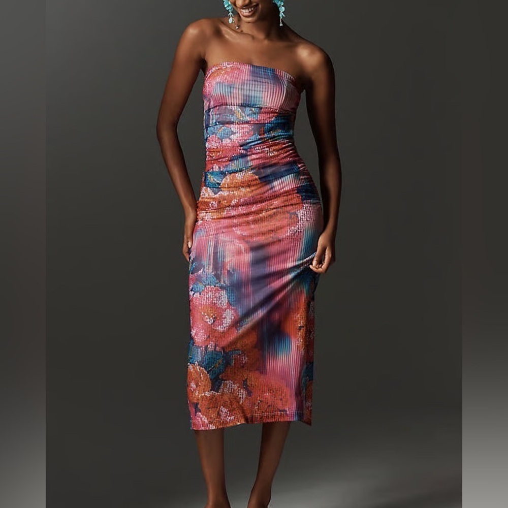 By Anthropologie The Soleil Slim Strapless Ruched Mesh Dress Pink Size Large
